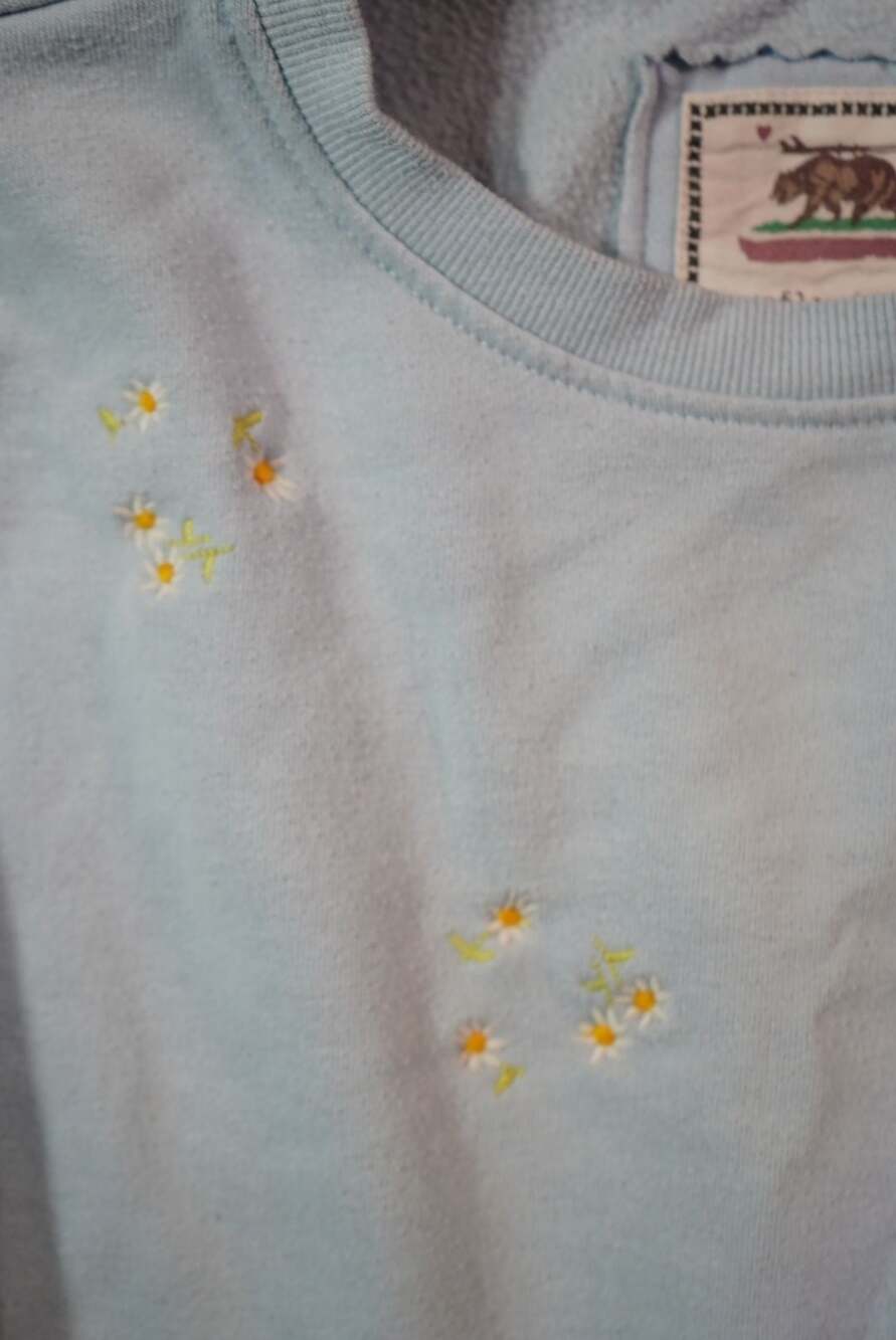 The Great Flower Embroidered Shrunken Bubble Sweatshirt in Light Blue - Picture 3 of 3